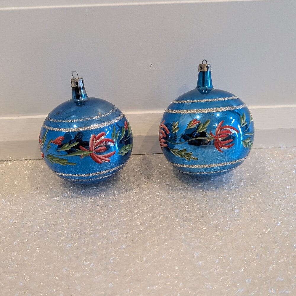 2 Blue Floral Sparkly Large Mercury Glass Ornaments Made in Poland